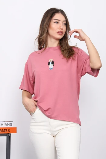 Gül Kurusu Nakışlı Modal Kısa Kol  T-Shirt