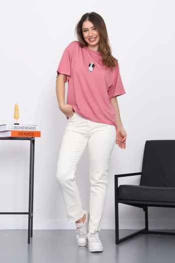 Gül Kurusu Nakışlı Modal Kısa Kol  T-Shirt