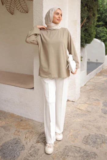 Haki Bisiklet Yaka Oversize Kol İnce Penye Sweat