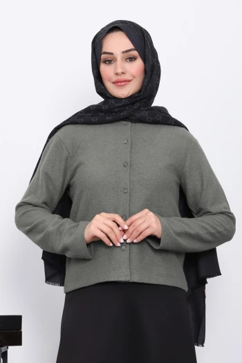 Haki Düğmeli Dokulu Hırka