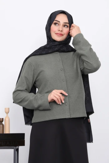 Haki Düğmeli Dokulu Hırka