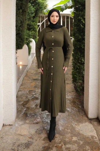 Haki Düğmeli Triko Elbise