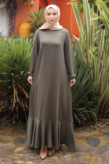Haki Eteği Katlı Kol Lastikli Modal Elbise