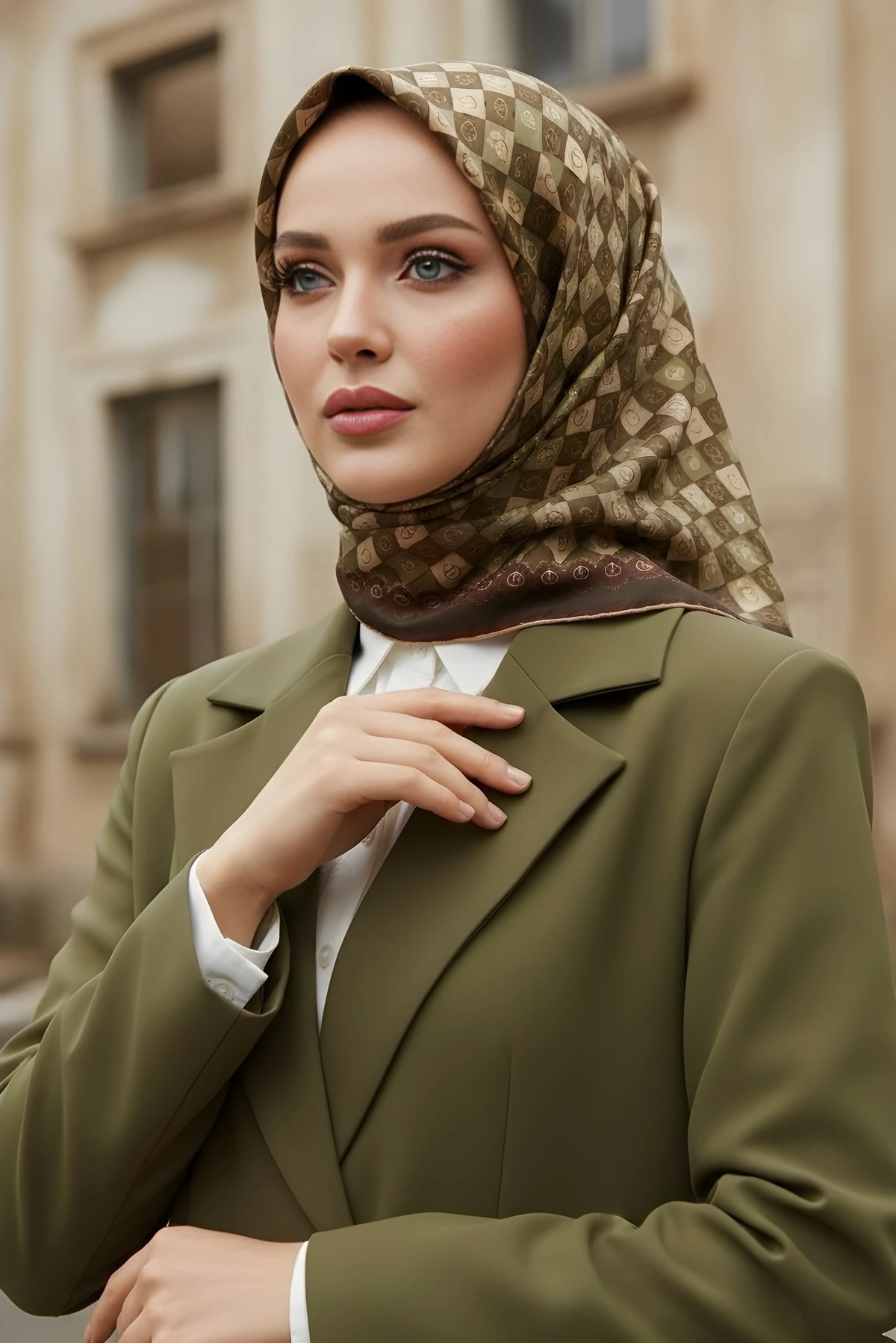 Haki İpekhan Soft Dijital Pamuklu Eşarp