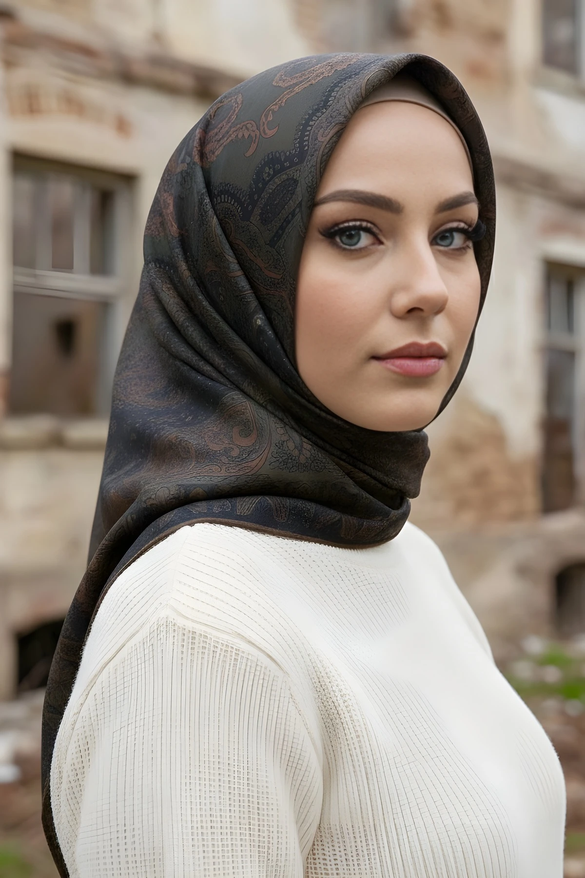 Haki İpekhan Soft Dijital Pamuklu Eşarp