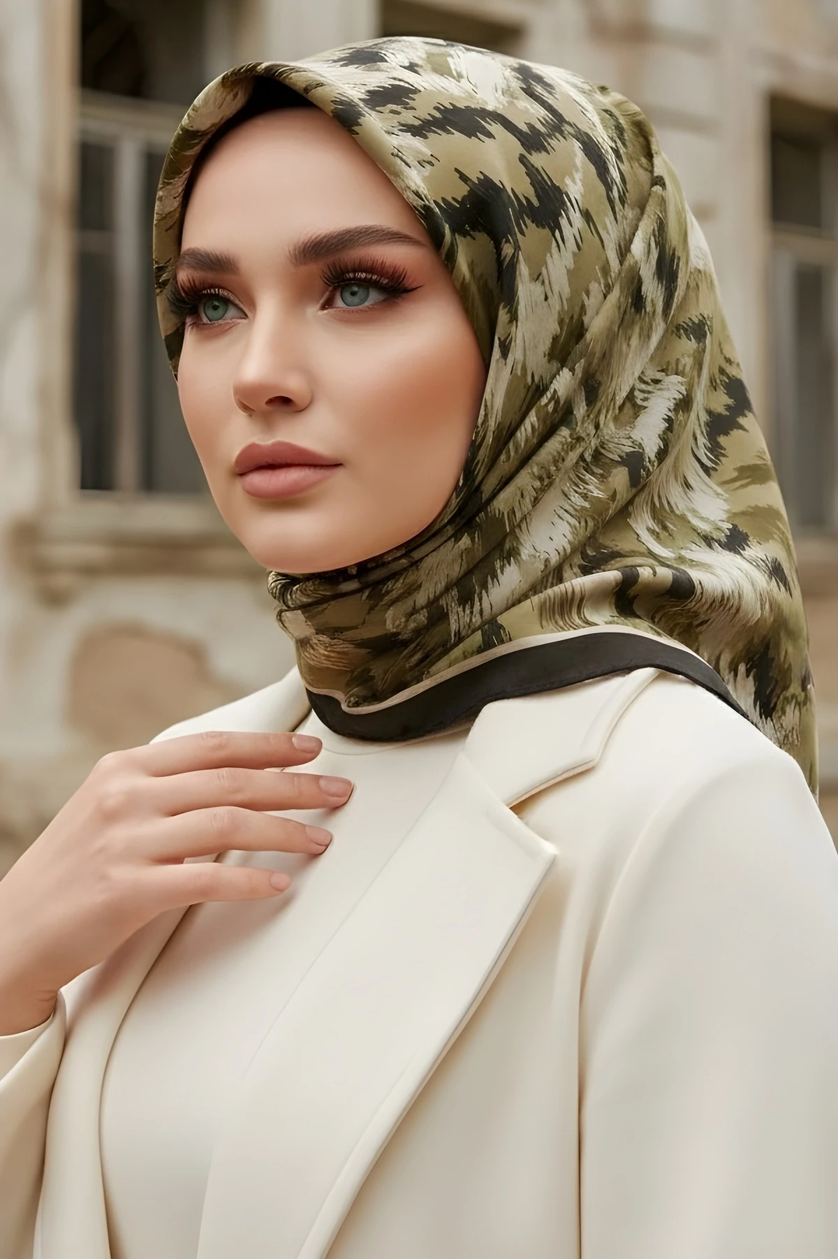 Haki İpekhan Soft Dijital Pamuklu Eşarp