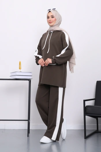 Haki Kapüşonlu Renk Bloklu Tunik Pantolonlu Takım