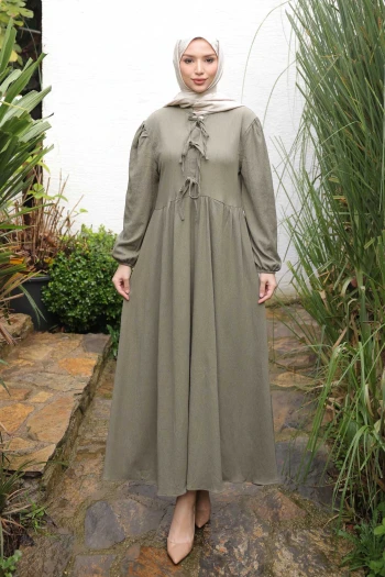 Haki Kol Lastikli Yaka Bağlamalı Bürümcük Elbise