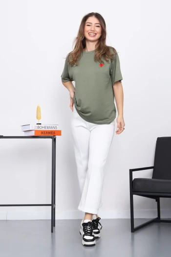 Haki Nakışlı Kısa Kol Modal T-Shirt