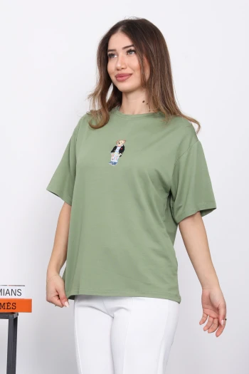 Haki Nakışlı Modal Kısa Kol  T-Shirt