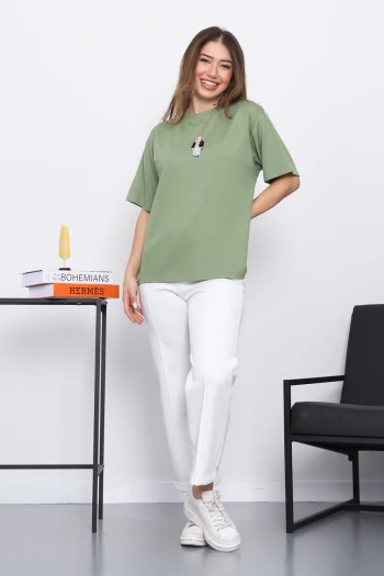Haki Nakışlı Modal Kısa Kol  T-Shirt