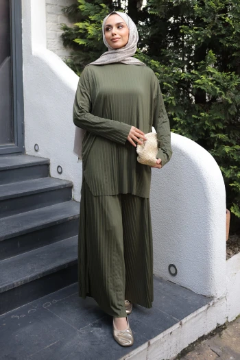 Haki Piliseli Sandy Tunik Pantolon Takım