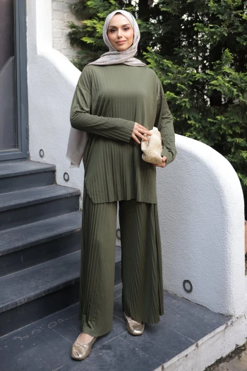 Haki Piliseli Sandy Tunik Pantolon Takım