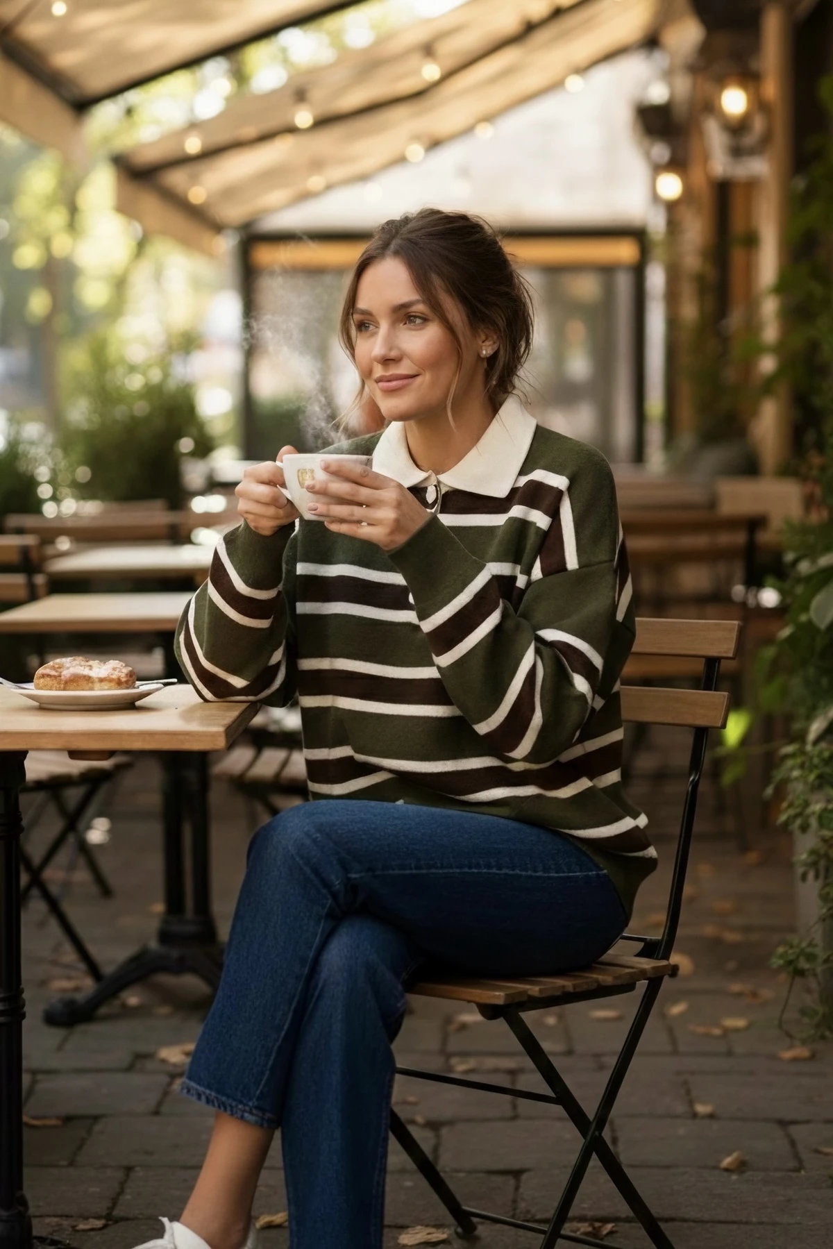 Haki Polo Yaka Çizgili Triko Kazak