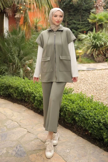 Haki Scuba Yelek Pantolonlu Üçlü Takım