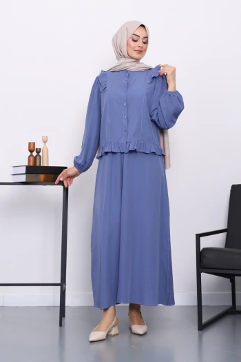 İndigo Fırfırlı Gömlek Etekli Takım