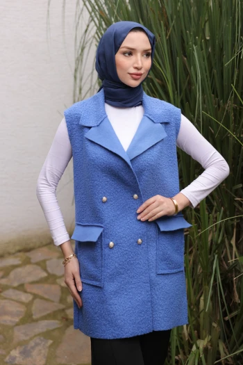 İndigo Kruvaze Yaka Cepli Buklet Yelek