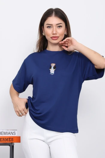 İndigo Nakışlı Modal Kısa Kol  T-Shirt