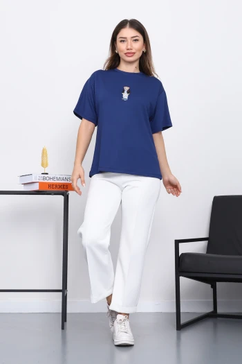 İndigo Nakışlı Modal Kısa Kol  T-Shirt