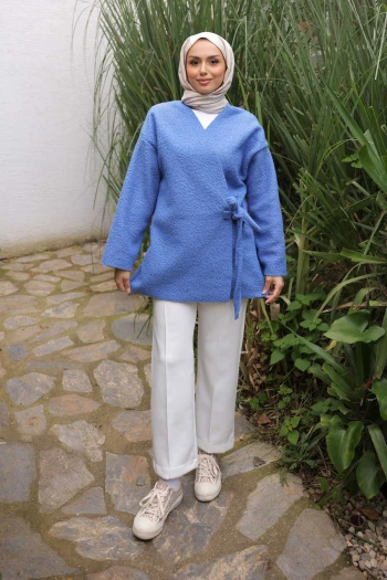 İndigo Yan Bağlamalı Buklet Kimono Ceket