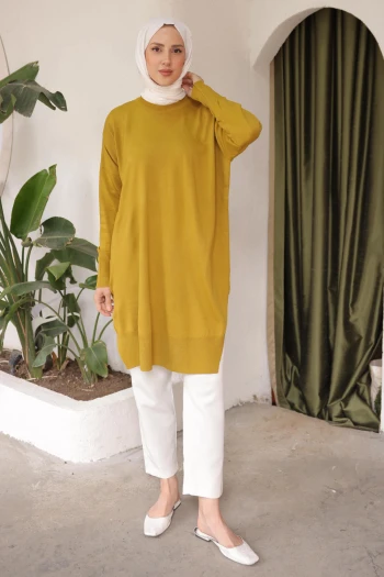 K. Yağyeşili Salaş Kalıp Uzun Boy Triko Tunik
