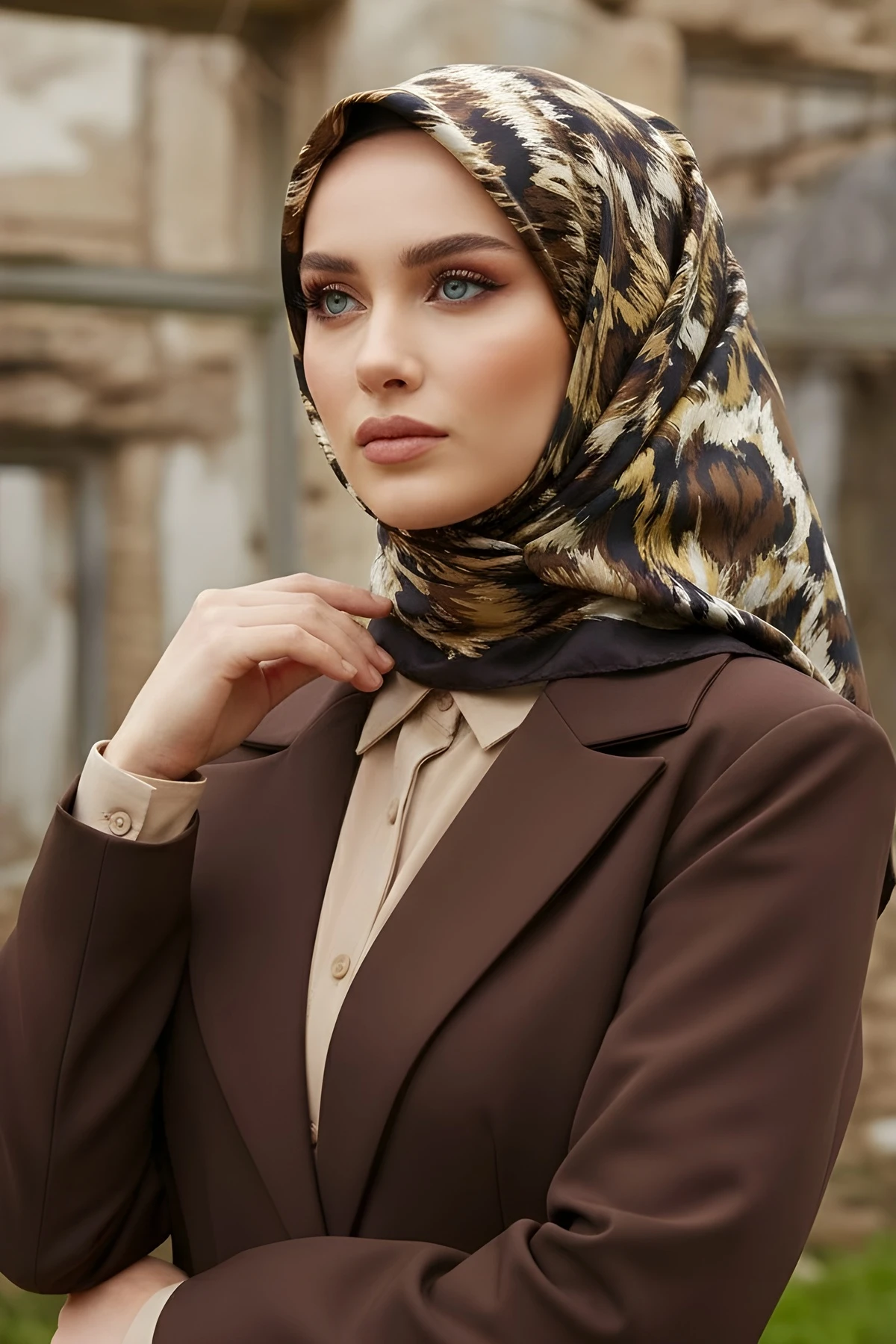 Kahve/Hardal İpekhan Soft Dijital Pamuklu Eşarp