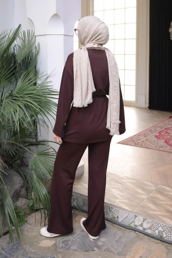 Kahverengi Armalı Tunik Pantolonlu Modal Takım