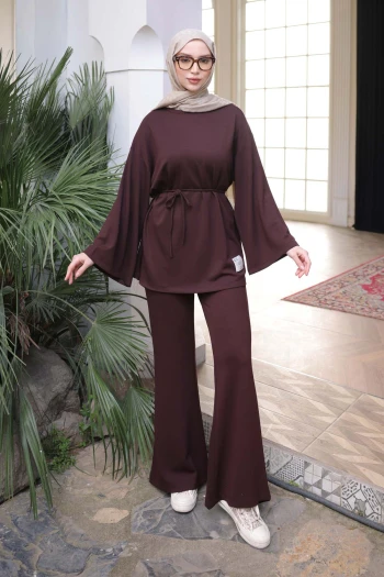 Kahverengi Armalı Tunik Pantolonlu Modal Takım