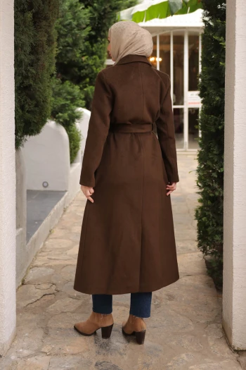 Kahverengi Bel Kuşaklı Uzun Kaşe Kaban