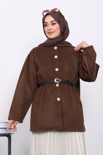 Kahverengi Bel Lastikli Kemerli Kaşe Çeket