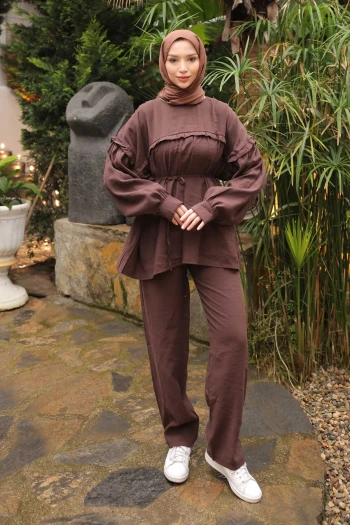 Kahverengi Beli İpli Tunik Pantolonlu Modal Takım