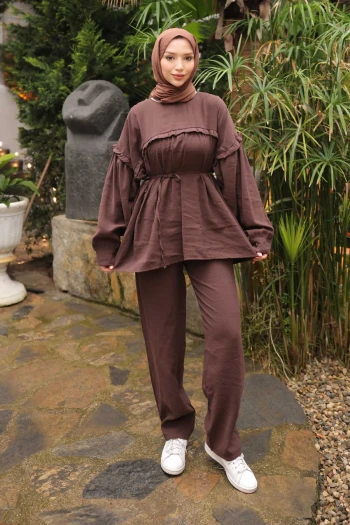 Kahverengi Beli İpli Tunik Pantolonlu Modal Takım