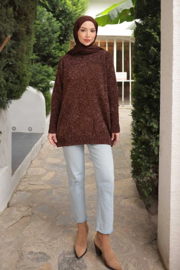 Kahverengi Bisiklet Yaka Simli Triko Kazak