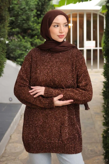 Kahverengi Bisiklet Yaka Simli Triko Kazak