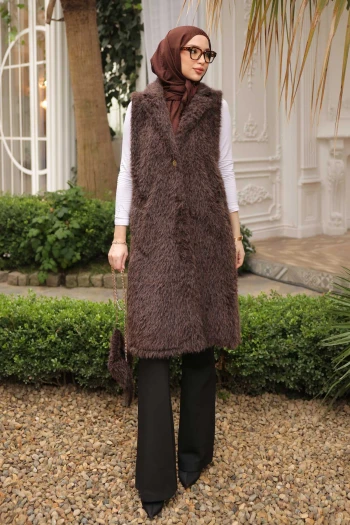 Kahverengi Çanta Hadiyeli Angora Pelüş Kürk Yelek