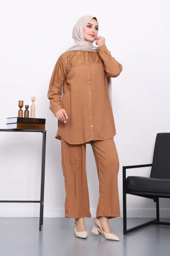 Kahverengi Dantel Detaylı Boncuklu Tunik Pantolonlu Takım