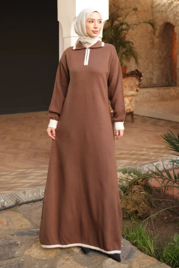 Kahverengi Gömlek Yaka Fermuarlı Triko Elbise