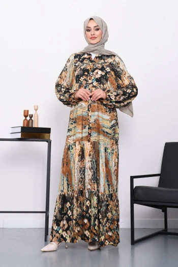 Kahverengi Hakim Yaka Desenli Düğmeli Viskon Elbise