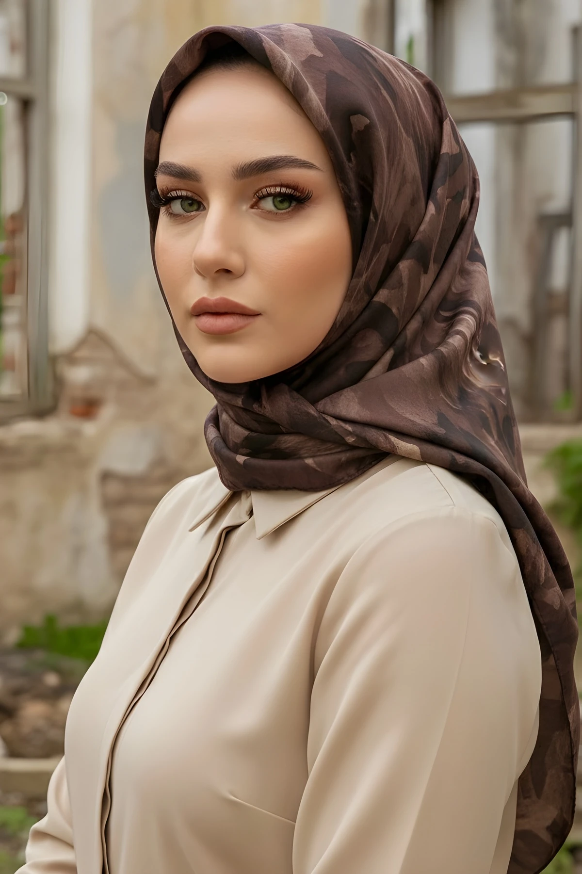 Kahverengi İpekhan Soft Dijital Pamuklu Eşarp