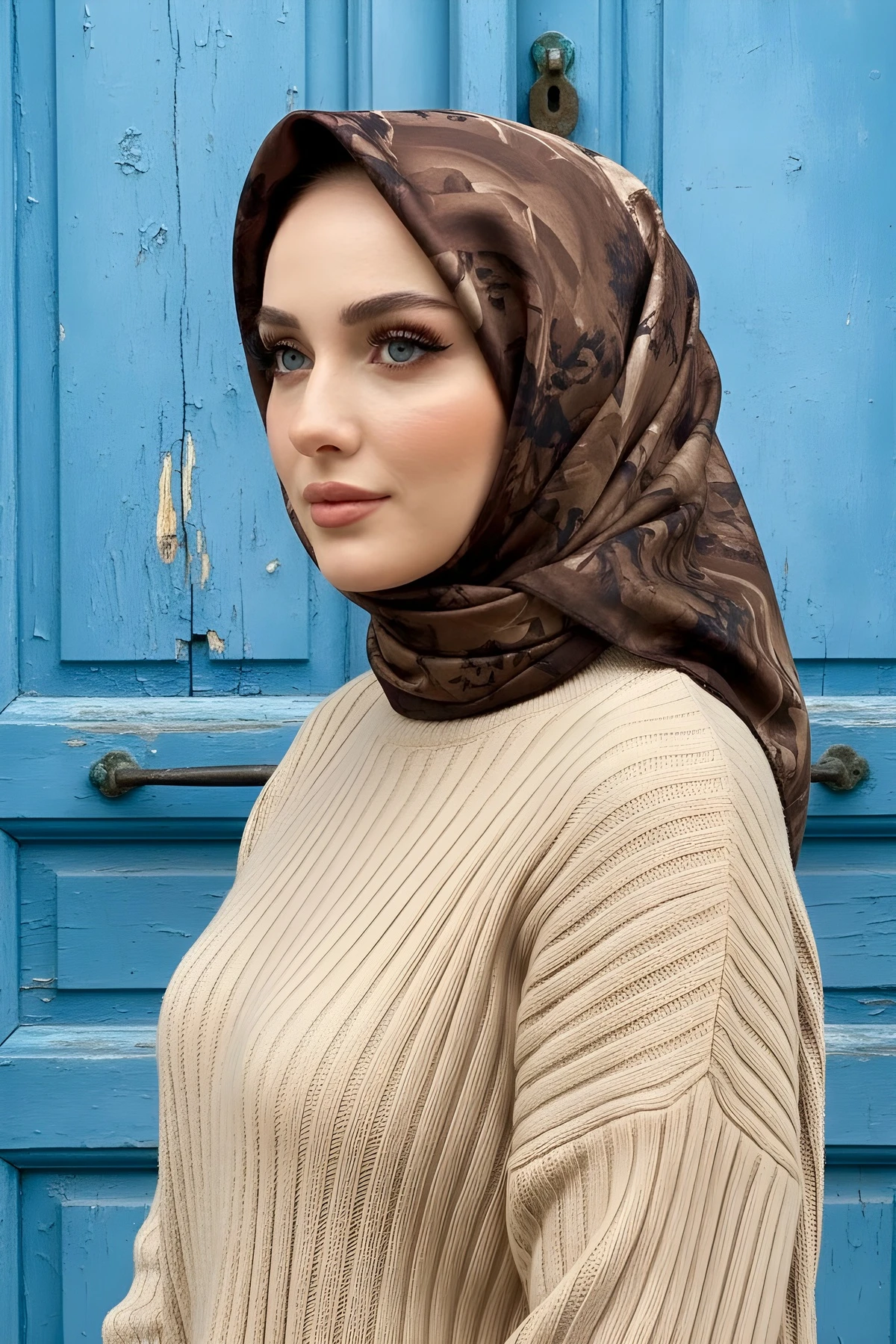 Kahverengi İpekhan Soft Dijital Pamuklu Eşarp