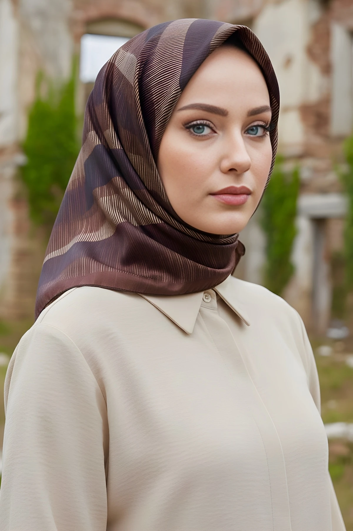 Kahverengi İpekhan Soft Dijital Pamuklu Eşarp