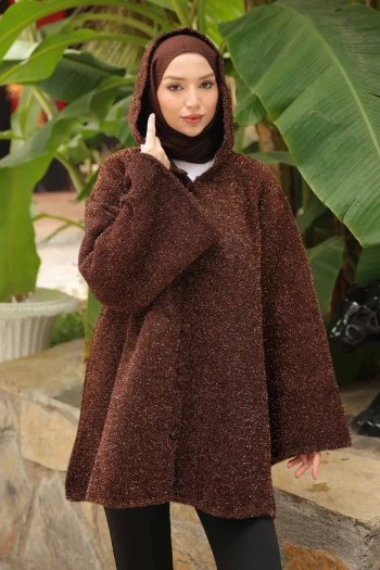 Kahverengi Kapüşonlu Düğmeli Simli Triko Hırka