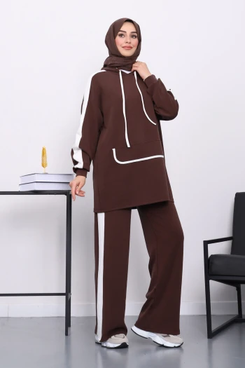 Kahverengi Kapüşonlu Renk Bloklu Tunik Pantolonlu Takım