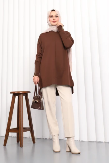 Kahverengi Kol Fermuarlı Soğuk İplik Triko Tunik