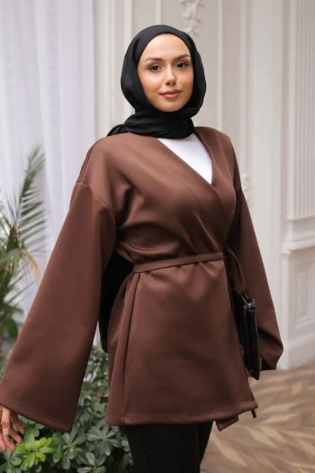 Kahverengi Kuşaklı Scuba Kimono