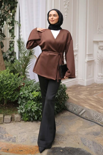 Kahverengi Kuşaklı Scuba Kimono