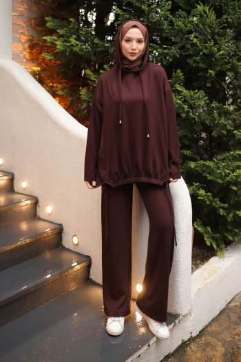 Kahverengi Ön Detaylı Modal Tunik Pantolonlu Takım