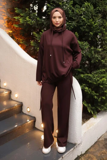Kahverengi Ön Detaylı Modal Tunik Pantolonlu Takım