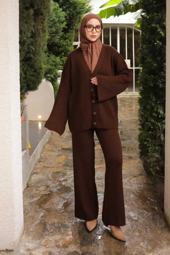 Kahverengi Selanik Örme Hırka Pantolonlu Triko Takım