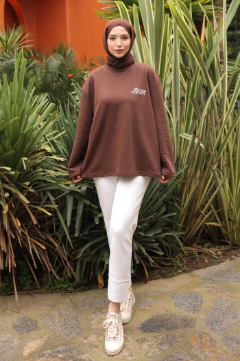 Kahverengi Sırt Baskı Detaylı İki İplik Sweatshirt